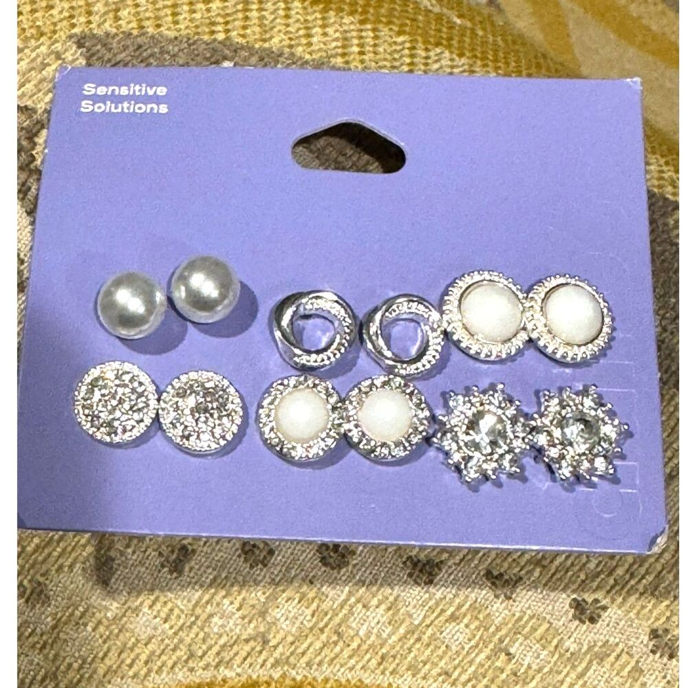 Elegant Jewelry 6 Pairs Faux Pearl & Rhinestone Stud Silver Formal Earrings NWT